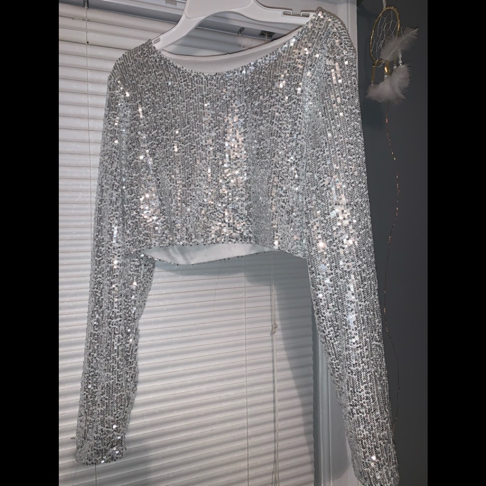 SIlver Sequence Long Sleeve Crop Top